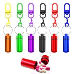 DXMWWTP Small Portable Pill Box Keychain 6 Pack, Aluminum Metal Pill Box Case Organizer Waterproof Mini Storage Pill Container with 6 Colorful Keychains for Daily User Outdoor Camping Travel (Multicolor)