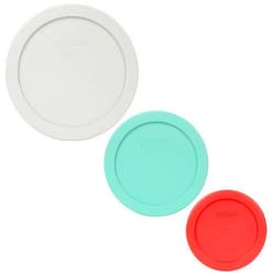 Pyrex (1) 7201-PC Sleek Silver, (1) 7200-PC Sea Glass & (1) 7202-PC Red Round Plastic Food Storage Replacement Lids, Made in USA