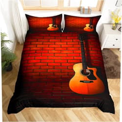 Feelyou Youth Bedding Set Guitar Printed Bedding for Boys Teen Girls Kids, Rock Music Decor Comforter Cover, Retro Musical Instruments Art Duvet Cover Queen Size Antique Style Soft Bedspread Cover