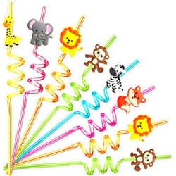 Lidmada 24 Reusable Jungle Animal Plastic Straws for Lion Fox Zebra Giraffe Safari Birthday Party Supplies Favors,Woodland Party Gift Favors with 2 Cleaning Brushes
