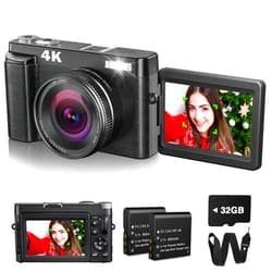 Bifevsr 4K Digital Camera for Photography with 32GB Card Autofocus 48MP Vlogging Camera for YouTube with Flash Anti-Shake 16x Zoom 3 180 Flip Screen Compact Travel Camera for Teens Adults