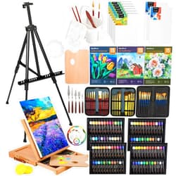 Nicpro 158PCS Deluxe Large Painting Kit with Metal and Solid Beech Wood Easel, Acrylic, Oil & Watercolor Paint Set, Paint Brushes, Canvases, Palette, Paper Pad, Professional Art Set for Adults Artist