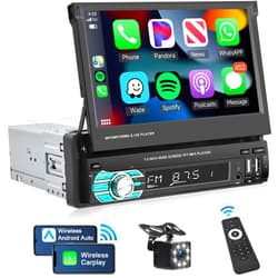 Podofo Wireless Apple Carplay Single Din Car Stereo 7 Inch HD Flip Out Touchscreen Car Radio with Wireless Car Play Android Auto, Bluetooth, Type-C/USB/TF/AUX, SWC, FM, Voice Control, Backup Camera