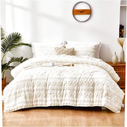 Dinjoy Boho Comforter Set King,White Bed in Bag King Size,Fluffy Farmhouse Comforters Shabby Chic Bedding Set Geometric Cream Lightweight Modern Bed Set 3PCS