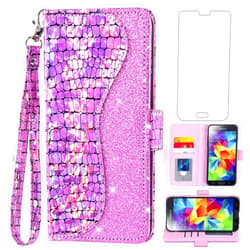 Asuwish Phone Case for Samsung Galaxy S5 Wallet Cover with Screen Protector and Wrist Strap Flip Card Holder Bling Glitter Cell Glaxay S 5 Neo Gaxaly 5S Galaxies GS5 G900A G900T Women Girls Pink
