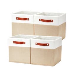 Temary Fabric Storage Cubes Bins, 11 inch Cube Storage Baskets, Foldable Cube Bins Set with Handles, Decorative Storage Boxes for Organizing, Home, Office, Nursery (White & Khaki, 11 x 11 x 11)