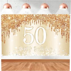 Zirtorei Happy 50th Birthday Banner Backdrop Decorations for Women, Gold White 50 Birthday Sign Party Supplies, Fifty Year Old Birthday Photo Booth Background Poster(72.8 x 43.3 Inch)