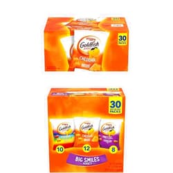 Goldfish Pepperidge Farm Goldfish Cheddar Crackers, 1.5 oz. Snack Packs, 30 Count and Goldfish Crackers Big Smiles Variety Pack with Cheddar, Colors, and Pretzels, Snack Packs, 30 Ct