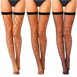 BBTO 3 Pairs Rhinestone Fishnets Women Thigh High Stockings Sexy Elastic Fishnet Stockings Mesh Socks Pantyhose