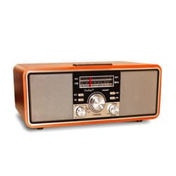 ONCHEER Retro Vintage FM Radio for Home, Wood Speaker Radios with Bluetooth TWS Pairing, Dual Horns Loud Sound, Battery Powered, Room Shelf Classical Decor Support TF Card/USB Player/AUX in