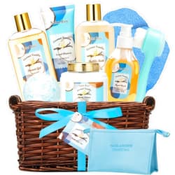 Saint Roy Bath and Body Gift Basket For Women and Men – 11 Piece Set of Vanilla Coconut Home Spa Set, Home Spa Kit Coconut & Vanilla Scents. Bath & Body Gift Set, Luxury Home Spa Bath Gift Basket