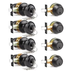 Brotima 4 Pack Keyed Alike Front Door Knob and Deadbolt Set, Entry Door Locksets with Single Cylinder Deadbolt, Matte Black Flat Round Door Lock Set for Bedroom/Office/Exterior Doors