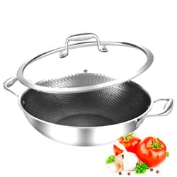 DELARLO 12 inch Tri-Ply Stainless Steel Saute Pan With Lid, Wok & Stir-Fry Pans, 5QT Nonstick Deep Frying pan, High side Induction Skillet, Heavy Duty, Fast Even Heating, Dishwasher