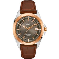 Bulova Men's Precisionist 3-Hand Calendar Rose Gold and Stainless Steel with Brown Leather Strap and Gray Dial Style: 98B267
