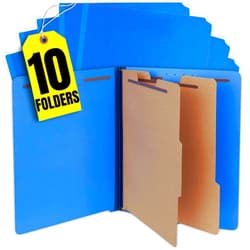 1InTheOffice Pressboard Classification Folders, 2 Dividers, Letter Size, Blue,6 Fasteners 10 Pack
