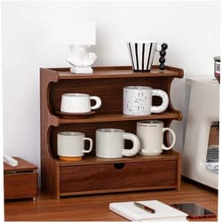 SUNHIPPIE Two-Layer Solid Wood Coffee Cup Display Cabinet, Storage Rack with Storage Drawers, Coffee Organizer Station for Countertop, Coffee Mug Holder Suitable for Living Room, Coffee Shop, Bar
