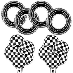 Zhanmai 14 Pcs Car Decorations Racing Cars Birthday Party Supplies 4 Tire Tube Swim Ring Inflatable Tire Floats for Pool with 10 Balloons 18 Inch Race Balloons for Birthday Party(Plaid Style)