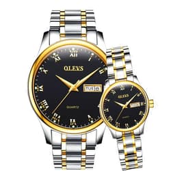OLEVS Valentines Couple Pair Quartz Watches Luminous Calendar Date Window 3ATM Waterproof, Casual Stainless Steel His and Hers Wristwatch for Men Women Lovers Wedding Romantic Gifts Set of 2