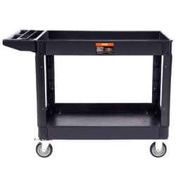 VEVOR Utility Service Cart, 2 Shelf 550LBS Heavy Duty Plastic Rolling Utility Cart with 360° Swivel Wheels (2 with Brakes), Large Lipped Shelf, Ergonomic Storage Handle for Warehouse/Garage/Cleaning