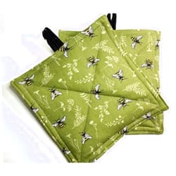 Handmade Gift Set of 2 Benny Bees Print Square Potholders - Insulated Cotton Hot Pads - Fabric Trivets - Heat Resistant - OD Green with Black and White Nature - Homemade in Texas