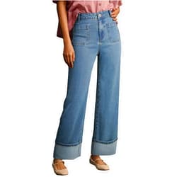 EVALESS Womens Jeans High Waisted Stretchy Cuffed Wide Leg Denim Pants with Pockets