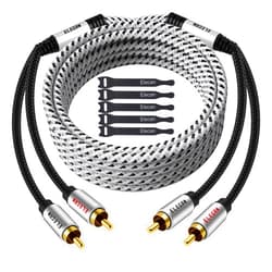 Elecan Premium RCA Cable 20 Ft (Hi-Fi Sound-16 AWG-Shielded) 2 RCA Male to 2 RCA Male Stereo Audio Cable, Gold Plated-Aluminum Alloy Shell-Pure Copper-Braided RCA Cord for Home Theater Speakers + Ties