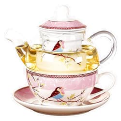 Jusalpha Glass Teapot with a Fine China Infuser Strainer, Cup and Saucer Set,Teapot and Teacup for One, Tea for one #05 (Pink)