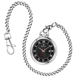 Bulova Classic Pocket Watch 3-Hand Date Quartz Stainless Steel, Black Dial with Detachable Chain Style: 96B308
