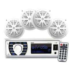 Pyle Marine Radio Receiver Speaker Set 12v Single Din Style Bluetooth Compatible Waterproof Digital Boat In Dash Console System with Mic 4 Speakers, Remote Control, Wiring Harness PLMRKT38W (White)