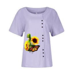 Yesunpxs Womens Casual Short Sleeve Cotton Linen Tops Button Decoration Crew Neck Summer Print Solid Crop Top T-Shirt