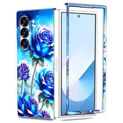 Casetego for Galaxy Z Fold 6 Case,Glitter Floral Pattern Hard PC Slim Shockproof Full Body Protective Girls Case for Samsung Galaxy Z Fold 6 5G (2024),Blue Rose
