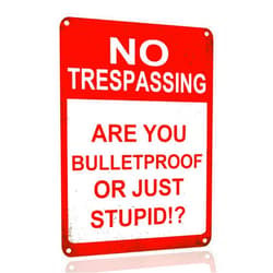 SANTUKEY Tin Signs No Trespassing Are You Bulletproof Or Just Stupid Funny No Trespassing Sign For Yard Sign Bar Man Cave Garage Farm Garden Wall Decor Sign Plaque Outdoor Home Decor 8 X 12 Inches