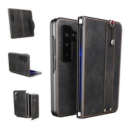 Foluu for Microsoft Surface Duo 2 Case, Surface Duo 2 Leather Case with Hand Strap, [Slim & Lightweight] PU Leather Back Cover Hard PC Holder Protective Phone Case for Microsoft Surface Duo 2 (Black)