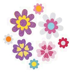 Nikki's Knick Knacks 150 Piece Glitter Foam Flower Peel and Stick Stickers, Yellow,orange,blue,white,pink,purple