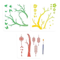 MAYJOYDIY 3pcs Chinese Style Tree Stencil 23.7×22 Splicing Large Traditional Flower Birds Tree Stencils with Paint Brush Spring Peach Blossom Lantern 11.8×11.8inch Template for Wood Walls Art Craft