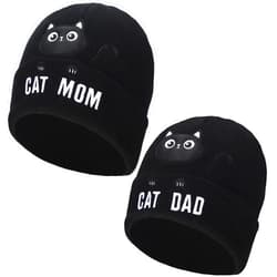 Geyoga 2 Pcs Christmas Cat Beanie for Women Cat Lover Gifts Cat Mom Beanie Hats Winter Knitted Dad Hat for Women Men