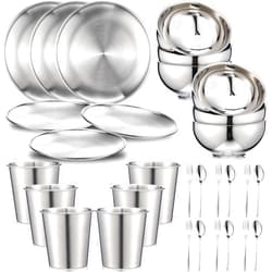 Jinei 30 Pcs 304 Stainless Steel Dinner Set Stainless Steel Plates and Bowls Include Plates Bowls Cups Forks Spoons Utensil Reusable Metal Camping Dinnerware Tableware for Home Picnic Kitchen(Silver)