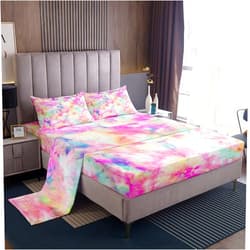 Erosebridal Kids Tie Dye Pink Bed Sheets Girls Bohemian Batik Sheet Set 4 Pcs, Boho Psychedelic Sheets Set + Deep Pocket Fitted Sheets+ Girly Flat Sheet + Exotic Bedroom Decor 2 Pillow Shams,Queen