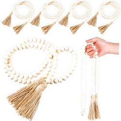 Geetery 6 Pcs Beads 58'' Wood Bead Garland with Tassels Rustic Country Decor Prayer Boho Beads Big Wall Hanging Decor Farmhouse Beads Versatile Prayer Beads for Home Wall Table Decor (White)