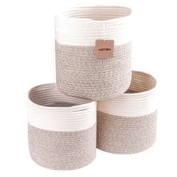 voten Storage Cubes Baskets Bins Organizer 11x11x11'' Fit 12x12''Cube Storage Organizer Bookcases Shelves,Durable Woven Cotton Storage Basket for Organizing,Round 3Pack Off White/Light Brown