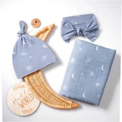 Miaoberry 100% Organic Muslin Swaddle Set w Matching Hat/Bow| Moon Leaves in Haze Blue| Hospital Home-Coming Baby Announcement Blanket Gender Neutral for Boy n Girl