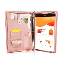 Calfinder Leather Portfolio Binder, PU Leather Portfolio Organizer for Women, 3 Ring Binder Resume Zippered Padfolio with A4/Letter Size Notepad Holder, Business Work Folio, Gift for Lady, Pink