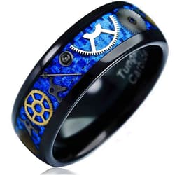 LWJYX Tungsten Rings for Men -Black/Gold/Silver Promise Bands w/ Steampunk Real Gear Carbon Fiber Inlaid. Scratch & Dent Resistant Wedding & Engagement Ring for Couples - Sizes 6-16 & Customized Engraving.