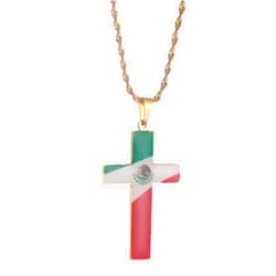 Yongkan Stainless Steel Mexican Flag Cross Pendant Necklace Patriotic Religious Jewelry for Men or Women