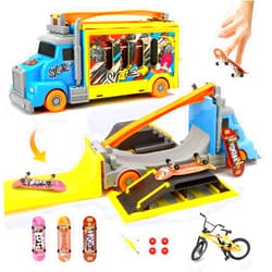 Hestiasko Finger Skateboard Park Set, 2-in-1 Transforming Truck Vehicle with 3 Fingerboards, Finger Bike, Skatepark Deck Ramps, Storage Case,Skateboard Finger Toys Gift for Boys & Girls Ages 3+
