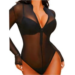 Avidlove Womens Mesh Bodysuit Long Sleeve Snap Crotch Bodysuit See Through Zipper Sheer Leotards Sexy Bodysuit Tops