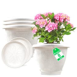 Fodetyff 8 Inch Flower Pots Planters for Indoor Outdoor Plants, 4 Pack Plastic Small Plant Pots with Drainage Hole & Tray, Modern Decorative Garden Pot with Saucer, Plant Container for House
