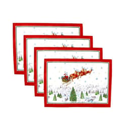 Elrene Home Fashions Santa Snowy Sleighride Fabric Placemats, Christmas Table Decor, 13
