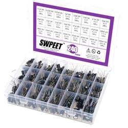 Swpeet 240Pcs 24 Kinds Different Electrolytic Capacitors Range 0.1uF－1000uF Assortment Kit, 10V/16V/25V/50V Aluminum Radial Electrolytic Capacitors for TV, LCD Monitor, Radio, Stereo, Game