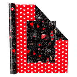WERNNSAI Valentine Wrapping Paper Roll - 1 Roll 17’’ x 33ft Valentines Day Wrapping Paper Black Red Heart Wrapping Paper Valentine Gifts Wrap for Men Women XOXO Design with Cutting Line